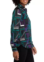 Women's Puff Sleeve Printed Button Front Blouse