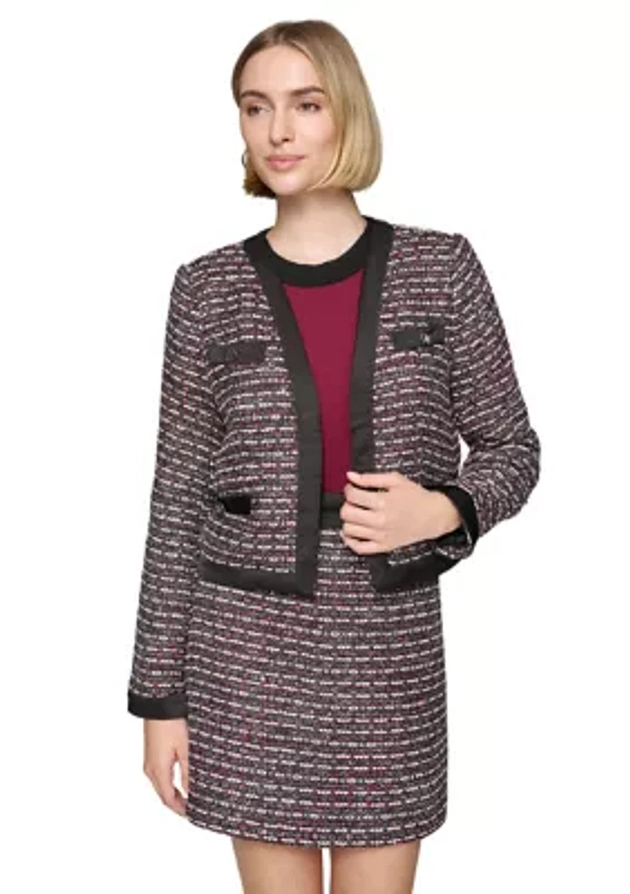 Women's Tweed Open Front Jacket with Contrast Trim