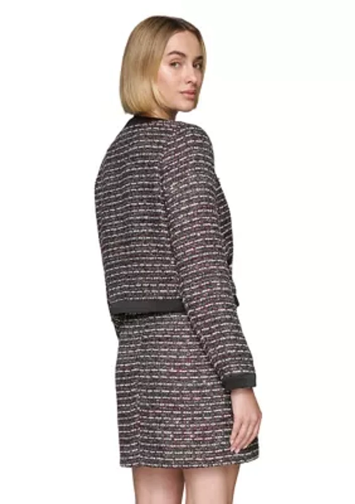 Women's Tweed Open Front Jacket with Contrast Trim