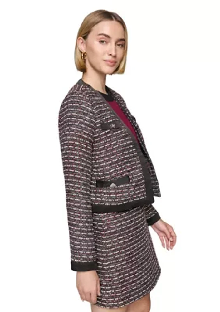 Women's Tweed Open Front Jacket with Contrast Trim