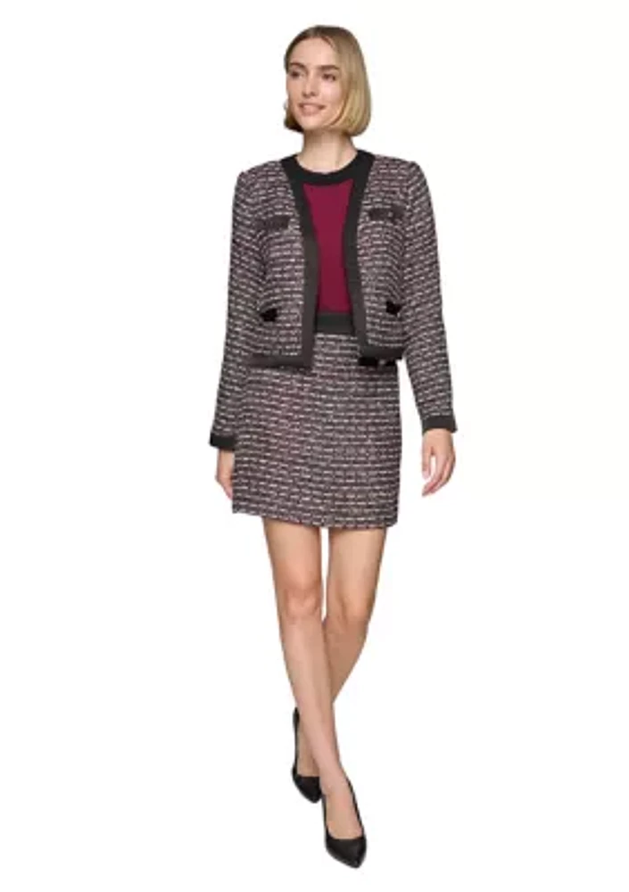 Women's Tweed Open Front Jacket with Contrast Trim