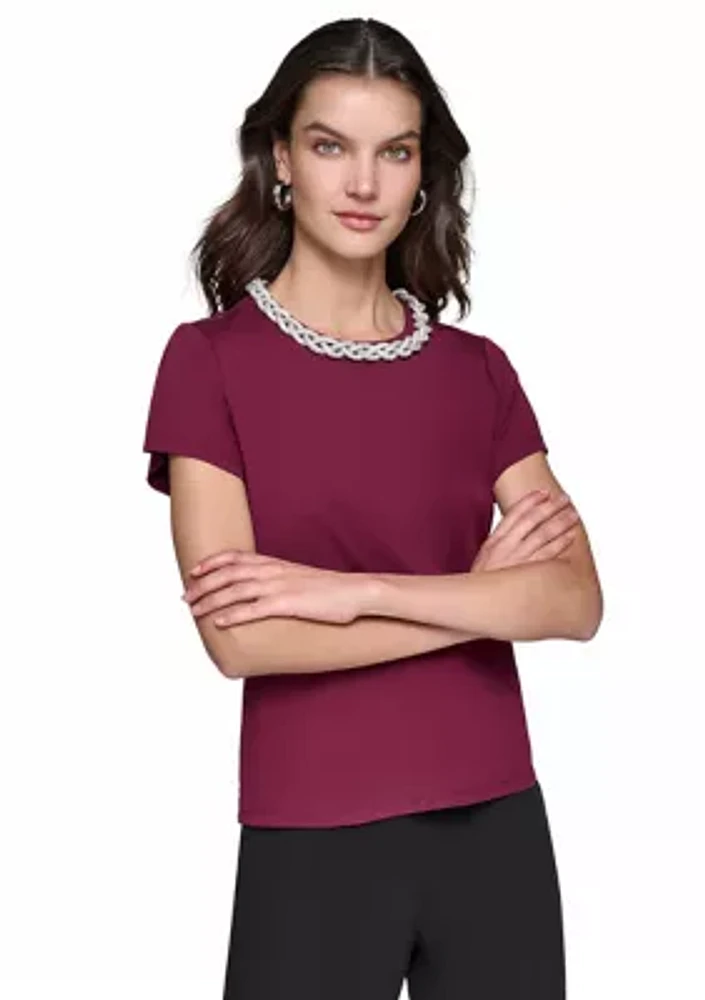 Women's Short Sleeve Embroidered Neck Top