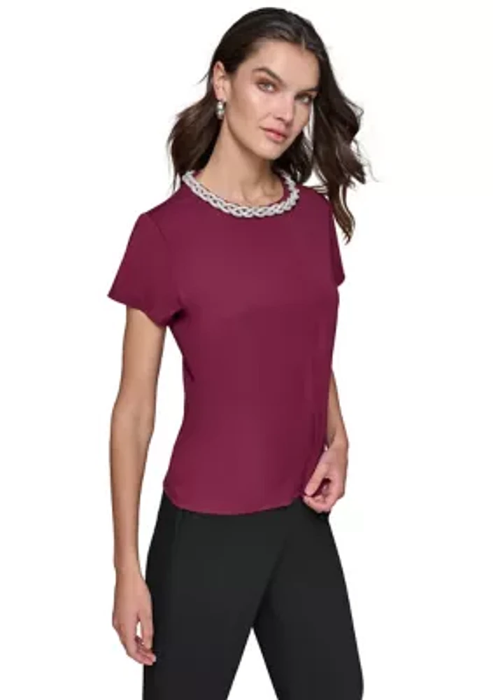 Women's Short Sleeve Embroidered Neck Top