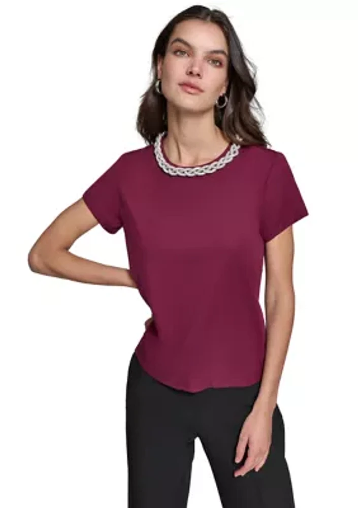 Women's Short Sleeve Embroidered Neck Top