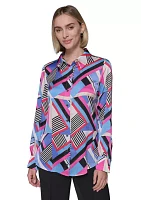 Women's Printed Collared Long Sleeve Blouse