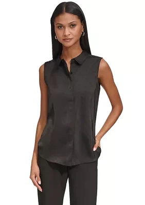 Women's Sleeveless Collared Jacquard Top