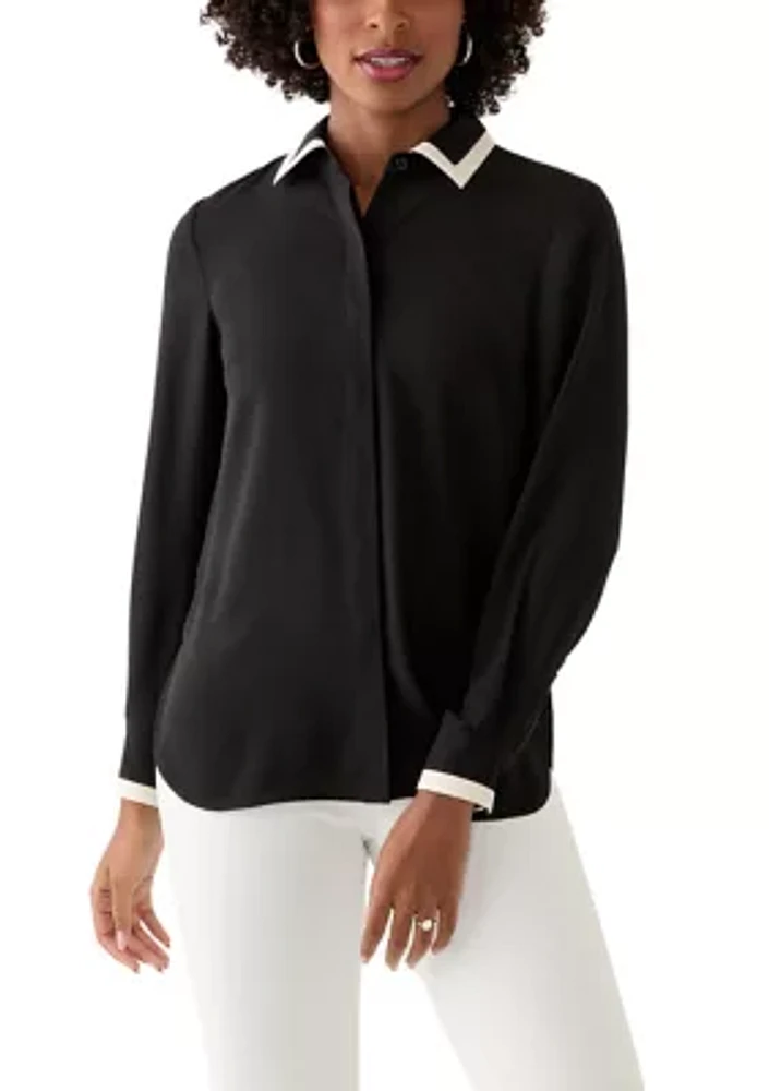 Women's Long Sleeve Button Front Blouse with Contrast Tipping