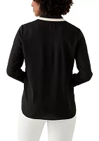 Women's Long Sleeve Button Front Blouse with Contrast Tipping