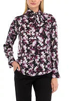 Women's Button Front Long Sleeve Blouse with Removable Tie