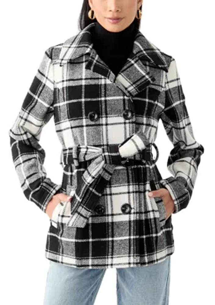 Women's Plaid Faux Wool Peacoat with Belt