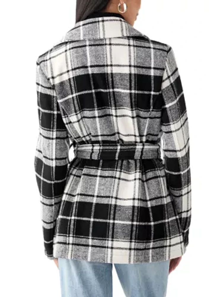 Women's Plaid Faux Wool Peacoat with Belt