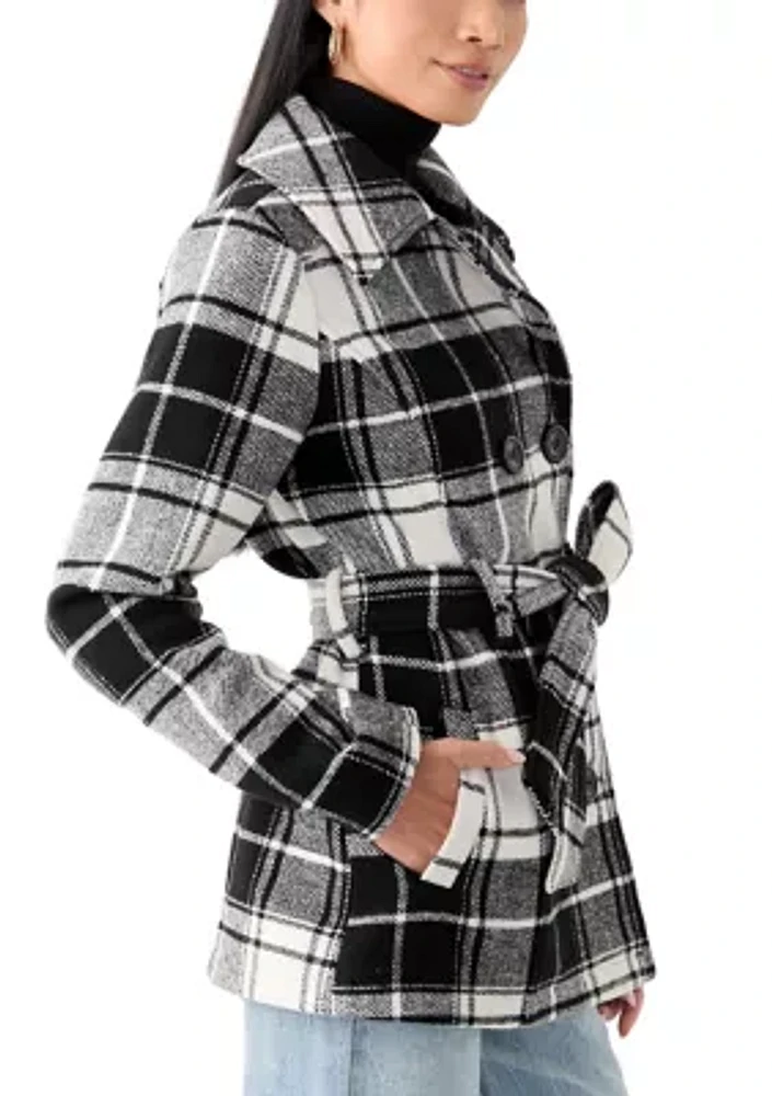 Women's Plaid Faux Wool Peacoat with Belt