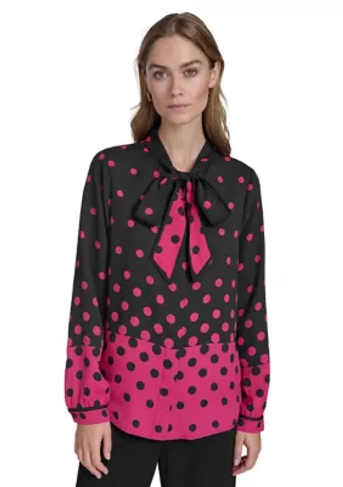 Women's Dot Printed Tie Neck Blouse