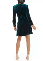 Women's Blouson Sleeve Ruched Waist Velvet Hunter Dress