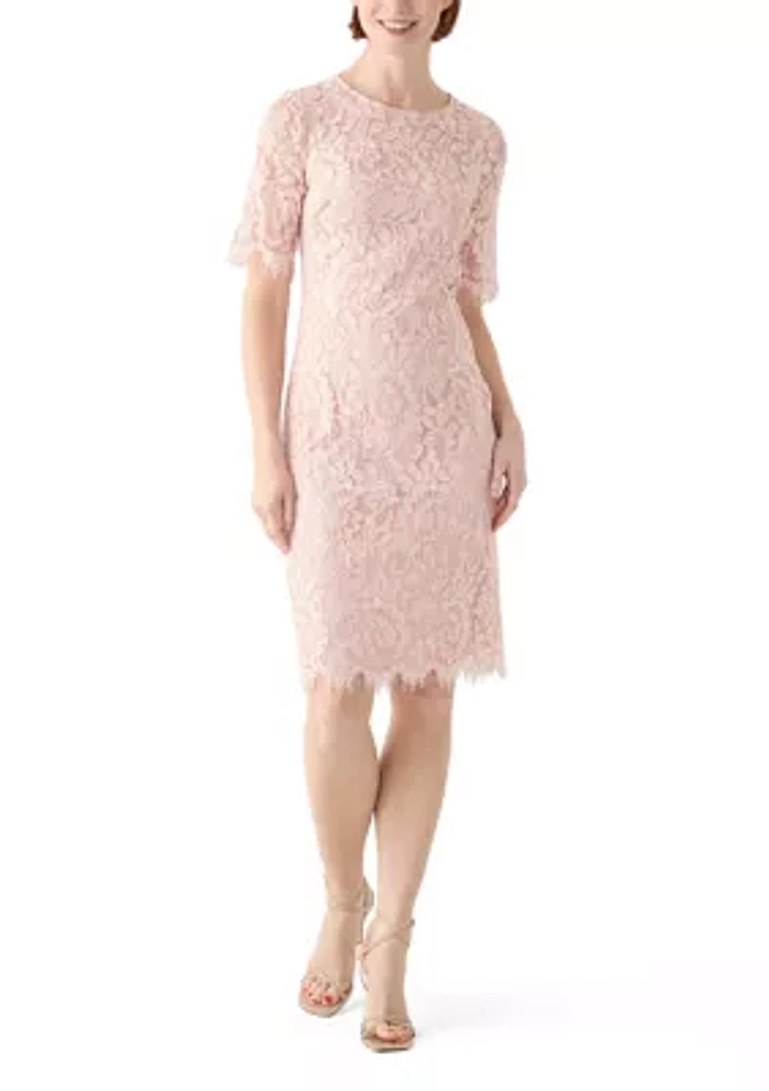 Women's Short Sleeve Crew Neck Lace Sheath Dress