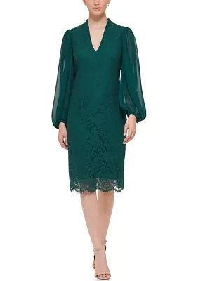 Women's Long Sleeve V-Neck Solid Lace Chiffon Dress