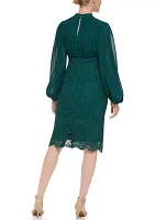 Women's Long Sleeve V-Neck Solid Lace Chiffon Dress