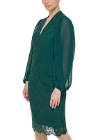 Women's Long Sleeve V-Neck Solid Lace Chiffon Dress