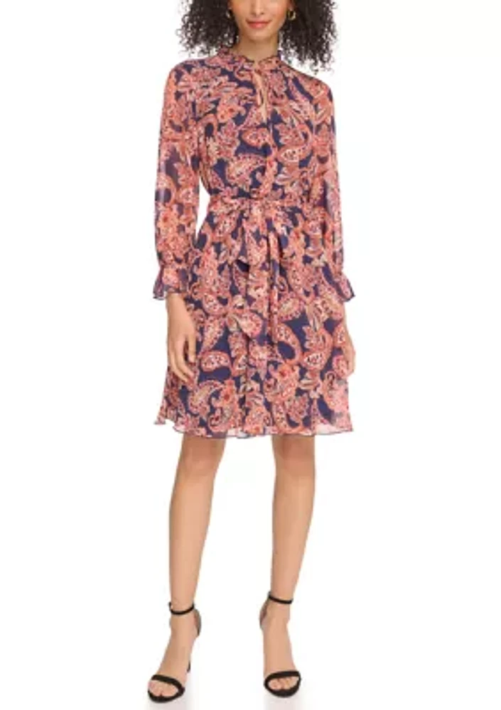 Women's Long Sleeve Printed Ruffle Neck Dress