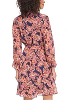 Women's Long Sleeve Printed Ruffle Neck Dress