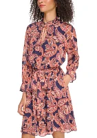 Women's Long Sleeve Printed Ruffle Neck Dress