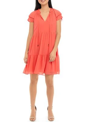 Women's Chiffon Float Dress with Wide Pleated Sleeve and Tassels