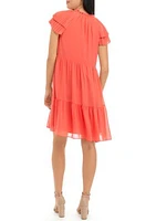 Women's Chiffon Float Dress with Wide Pleated Sleeve and Tassels