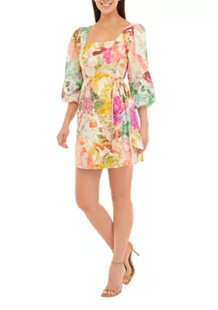 Women's 3/4 Sleeve Square Neck Floral Print Dress