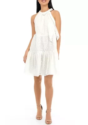 Women's Eyelet Bow Neck Ruffle Tier Trapeze Float Dress