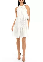 Women's Eyelet Bow Neck Ruffle Tier Trapeze Float Dress