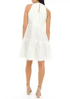 Women's Eyelet Bow Neck Ruffle Tier Trapeze Float Dress