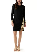 Women's Long Sleeve Crew Neck Lace Embellished Sheath Dress