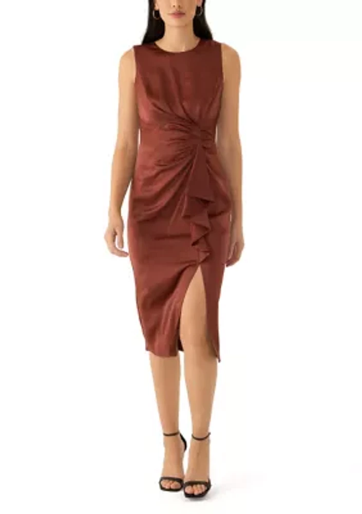 Women's Sleeveless Crew Neck Side Ruched Satin Sheath Dress