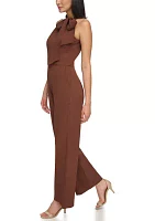 Women's Sleeveless Bow Tie Neck Solid Crepe Jumpsuit