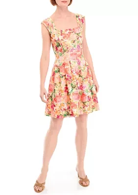 Women's Floral Printed Scuba Fit and Flare Dress