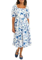 Women's Puff Sleeve Round Floral Print Cotton Fit and Flare Dress