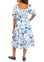 Women's Puff Sleeve Round Floral Print Cotton Fit and Flare Dress