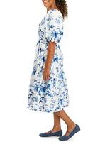 Women's Puff Sleeve Round Floral Print Cotton Fit and Flare Dress