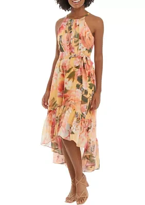 Women's Sleeveless Halter Neck Printed Tie Waist Fit and Flare Dress