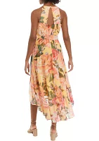 Women's Sleeveless Halter Neck Printed Tie Waist Fit and Flare Dress