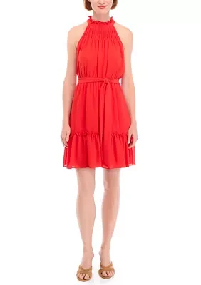 Women's Sleeveless Ruffle Neck Chiffon Fit and Flare Dress