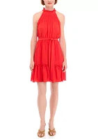 Women's Sleeveless Ruffle Neck Chiffon Fit and Flare Dress