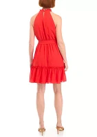 Women's Sleeveless Ruffle Neck Chiffon Fit and Flare Dress