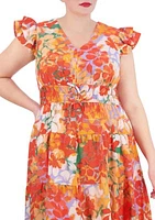 Women's Short Sleeve V-Neck Smocked Waist Floral Dress