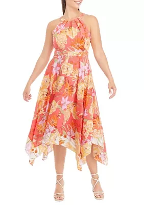 Women's Sleeveless Halter Neck Floral Midi Dress