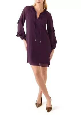 Women's Long Sleeve Keyhole Neck Solid Crepe A-Line Dress