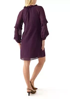 Women's Long Sleeve Keyhole Neck Solid Crepe A-Line Dress