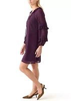 Women's Long Sleeve Keyhole Neck Solid Crepe A-Line Dress