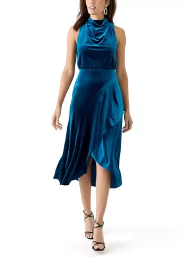 Women's Sleeveless Cowl Neck Solid Velvet Fit and Flare Dress