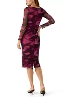 Women's Long Sleeve Crew Neck Printed Mesh Sheath Dress